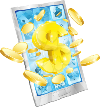 Dollar money phone concept illustration of mobile cell phone with gold dollar and coins