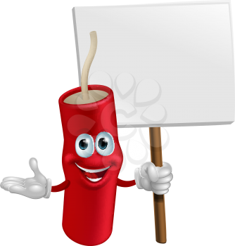 Cartoon happy smiling dynamite mascot holding a sign