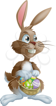 Easter bunny rabbit holding Easter basket full of decorated Easter eggs