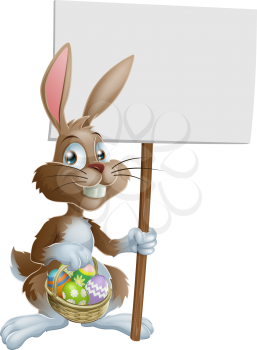Easter bunny rabbit holding a basket of Easter eggs and a sign
