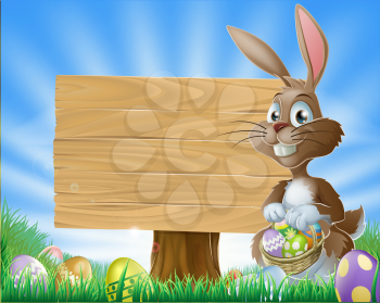 A cute Easter bunny rabbit character standing by a wooden sign holding a basket of decorated Easter eggs surrounded by Easter eggs in a field 
