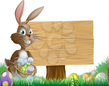 The Easter bunny holding a basket of Easter eggs with more Easter eggs around him by a wood sign board