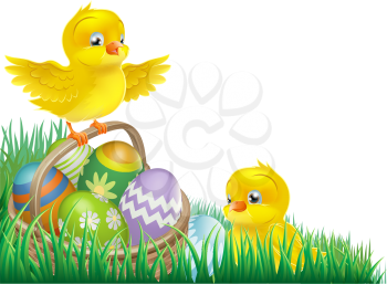 An Easter chicks and Easter egg basket isolated corner design element