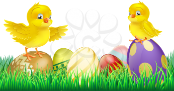 Two cute happy little yellow Easter chicks on top of colorful decorated Easter eggs
