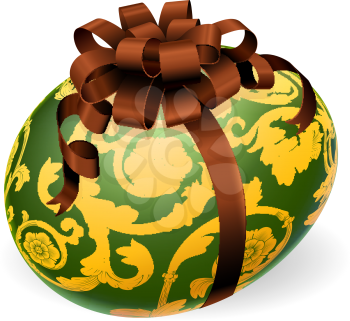 A luxury green Easter egg with ornate gold pattern and brown bow