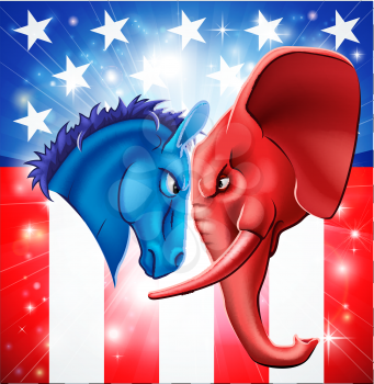 American politics concept illustration of a donkey and elephant facing off. Symbols of Democrat and Republican two US parties. Could be for presidential debate, partisan politics, or just an election.