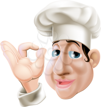 A happy smiling chubby chef doing an okay gesture with his right hand