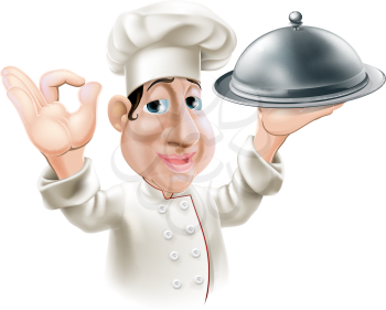 Illustration of a cartoon friendly happy chef with silver serving tray smiling and doing okay sign