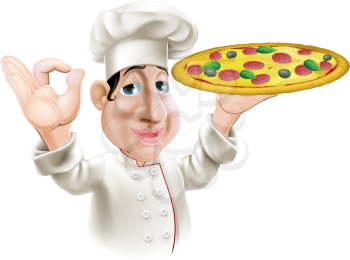 A happy Italian pizza chef doing an okay gesture and holding a tasty pizza. 