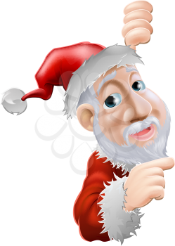 An illustration of a happy cartoon Santa smiling and pointing to the side
