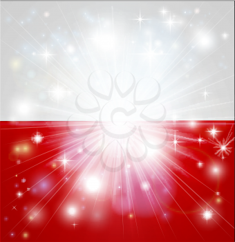 Flag of Poland background with pyrotechnic or light burst and copy space in the centre