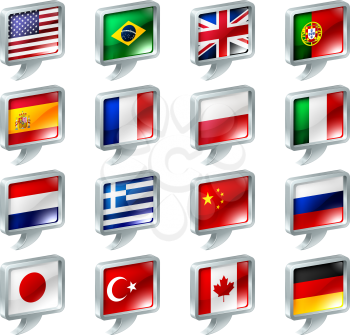 Set of flag speech bubble icons buttons; great for anything related to languages; regions or translation; or country specific web forum sections.