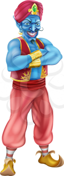 Illustration of an evil looking blue genie standing with his arms folded
