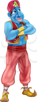 Illustration of a friendly looking blue cartoon genie standing with his arms folded