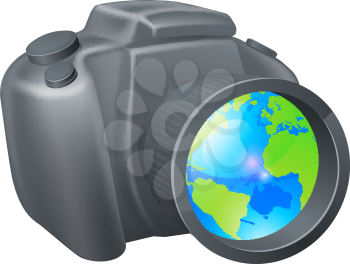 Camera globe concept, camera with globe in lens, could be for travel photography, a photography holiday or trip, or internet photography concept.