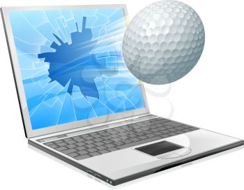 Illustration of a golf ball flying out of a broken laptop computer screen