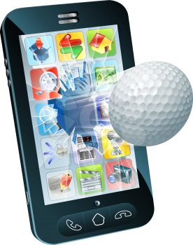 Illustration of a golf ball flying out of mobile phone screen