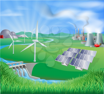 Illustration of many different types of power generation, including nuclear, fossil fuel or coal, and renewable energy or sustainable energy sources such as wind power or wind turbines, photovoltaic c
