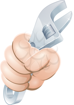 Illustration of a cartoon hand holding an adjustable wrench or spanner
