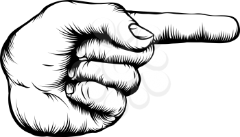 Illustration of a hand indicating or showing direction by pointing a finger in a retro woodblock style
