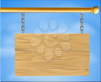 Wood sign hanging suspended with chains on pole with sky in the background illustration