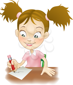 Illustration of a cute young girl sat at her desk writing on paper. 