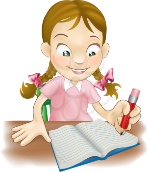 Illustration of a young girl sat at her desk writing in a book  