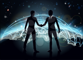 Silhouettes of businessmen shaking hands in front of world map with network or international trade lines
