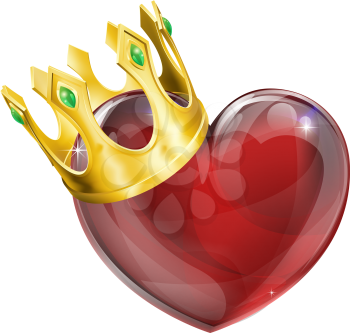 Illustration of a heart symbol wearing a crown, king of hearts concept
