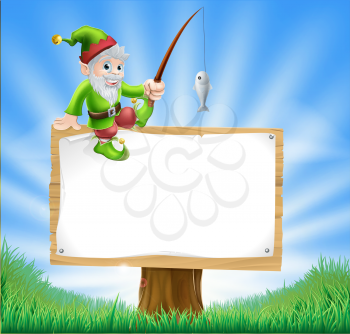 Illustration of a happy garden gnome or elf sitting on a sign holding a fishing rod