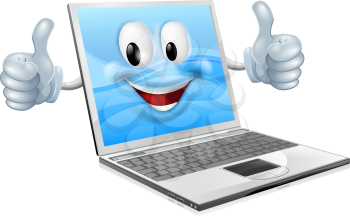 Illustration of a cute laptop mascot man giving a thumbs up