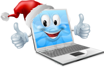 Illustration of a happy Christmas laptop computer wearing a Santa Claus hat