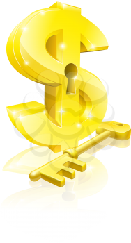 Conceptual illustration of a gold dollar sign and key. Concept for unlocking financial success or cash or for financial security.
