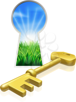 Conceptual illustration of key and keyhole looking out onto beautiful green field. Concept for freedom, opportunity or other business metaphor
