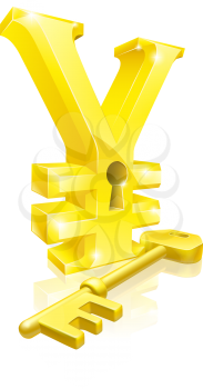 Conceptual illustration of a gold Yen sign and key. Concept for unlocking financial success or cash or for financial security.