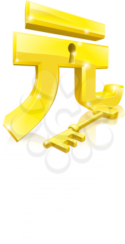 Conceptual illustration of a gold Yuan sign and key. Concept for unlocking financial success or cash or for financial security.
