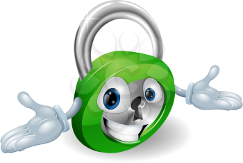 Cute smiling padlock cartoon character with open arms