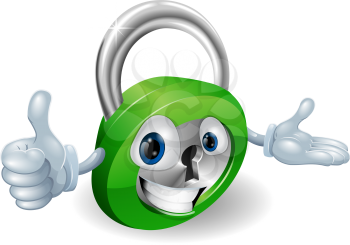 Smiling padlock safety concept mascot with thumbs up and open hand