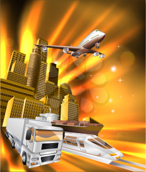 City logistics delivery concept illustration. Truck, airplane, and train speeding towards viewer from city.