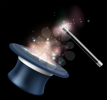 Magic tophat and magic wand illustration with magic in the form of stars and light floating around them