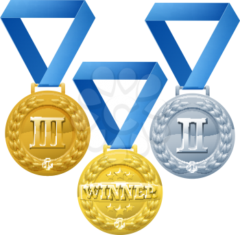 Illustration of three medals on blue ribbons. Bronze silver and gold winners awards