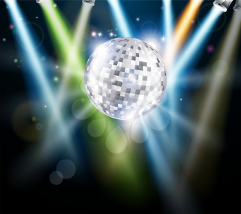Illustration of a disco mirror ball or glitter ball with disco lights 
