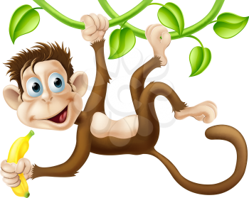 A cute monkey swinging from vines with a banana in his hand