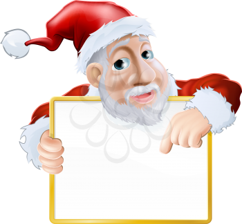 An illustration of a happy cartoon Santa holding a sign and pointing at the message 
