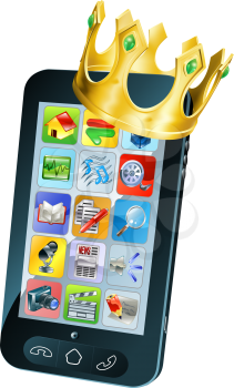 Mobile phone king concept, mobile phone wearing a gold crown