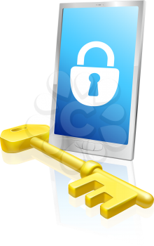 Illustration of a mobile phone with lock symbol on the screen and large golden key. A security concept.