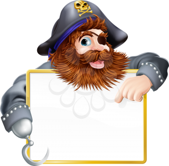 A happy pirate pointing at sign with a gold border or frame
