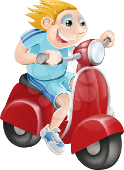 Illustration of a happy man driving fast on his red moped