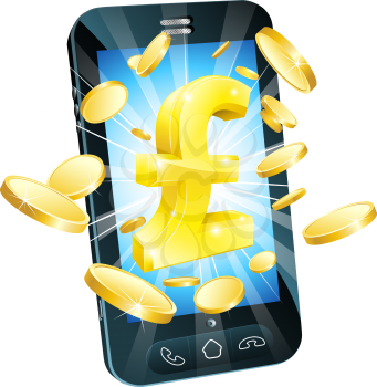 Pound money phone concept illustration of mobile cell phone with gold Pound sign and coins