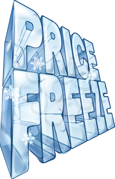 Illustration of the words price freeze like a big frozen ice cube to market a sale. With snowflakes falling in foreground.